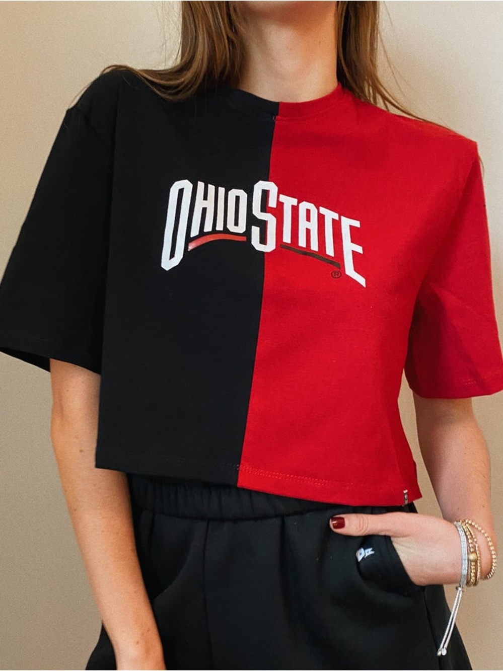 Split-Color Ohio State Cropped Tee - Black & Red